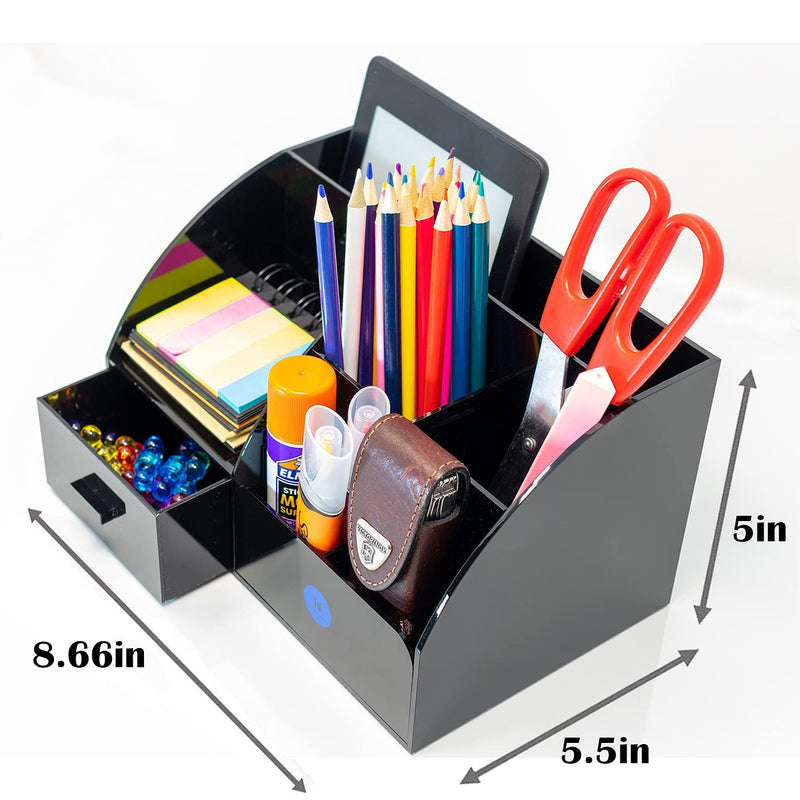 [Australia - AusPower] - Xinsier Acrylic Office Desk Organizer with Drawer, All in 1 Office Supplies and Cool Desk Accessories Organizers, Stationery Organizer Black Desk Caddy, 6 Compartments, 8.7 x 5.5 x 5 Inch 