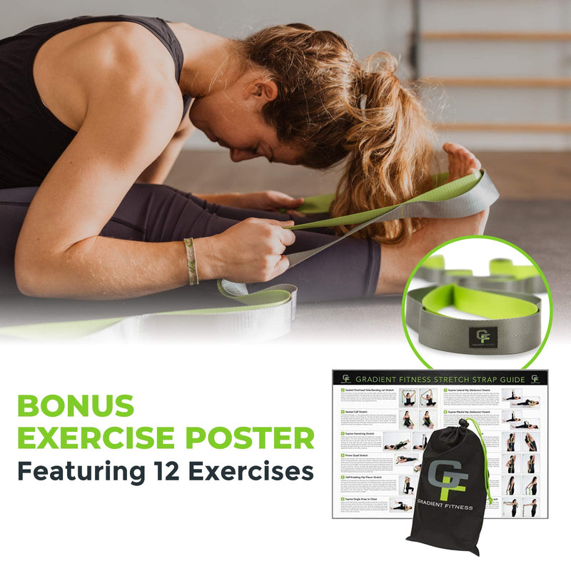 [Australia - AusPower] - Gradient Fitness Stretching Strap for Physical Therapy, 12 Multi-Loop Stretch Strap 1.5" W x 8' L, Neoprene Handles, Physical Therapy Equipment, Yoga Straps for Stretching, Leg Stretcher Green/Grey 