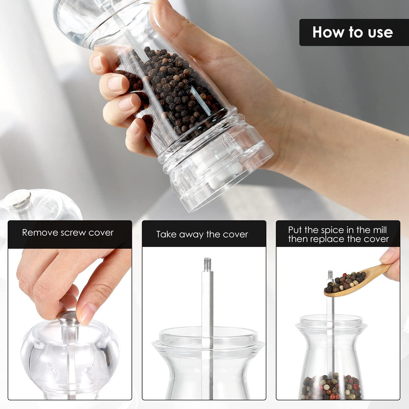 [Australia - AusPower] - Vzaahu Clear Acrylic Salt and Pepper Grinder Set of 2 Refillable Sea Salt Pepper Grinder Kitchen Pepper Shaker for Sea Salt Adjustable Coarseness Ceramic Grinder 