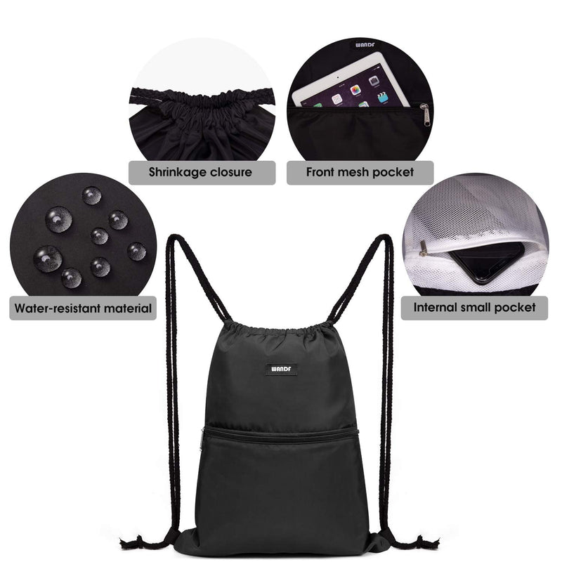 [Australia - AusPower] - Drawstring Backpack String Bag Sackpack Cinch Water Resistant Nylon for Gym Shopping Sport Yoga by WANDF Black 
