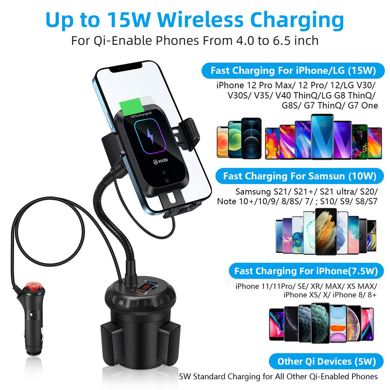 [Australia - AusPower] - HVDI Cup Phone Holder Wireless Car Charger Mount, 3 Ports 54W Car Charger with 15W Qi Fast Charging Auto-Clamping Wireless Charger Adjustable Gooseneck Mount for iPhone Samsung Galaxy Note LG & More 