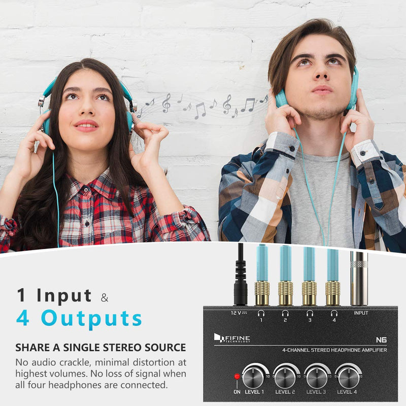 [Australia - AusPower] - Fifine Headphone Amplifier 4 Channels Metal Stereo Audio Amplifier,Mini Earphone Splitter with Power Adapter-4x Quarter Inch Balanced TRS Headphones Output and TRS Audio Input for Sound Mixer-N6 
