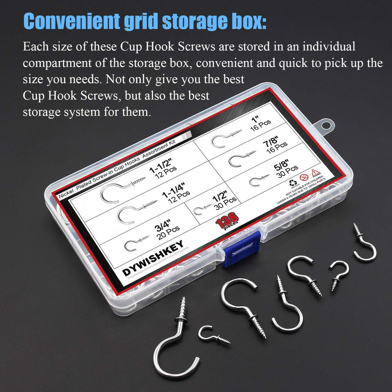 [Australia - AusPower] - Cup Screw Hooks for Hanging, DYWISHKEY 136PCS 7 Sizes Cup Hooks Kit, Nickel Plated Screw-in Cup Hooks for Home, Office and Workplace (1/2", 5/8", 3/4", 7/8", 1'', 1-1/4", 1-1/2") Silver 