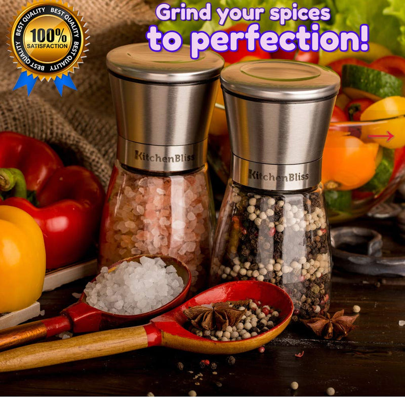 [Australia - AusPower] - Professional Salt and Pepper Grinder Set – Premium Stainless Steel Salt and Pepper Shakers with Ceramic Spice Grinder Mill for Adjustable Coarseness - Added Bonus a Bamboo spoon and a Cleaning Brush. 