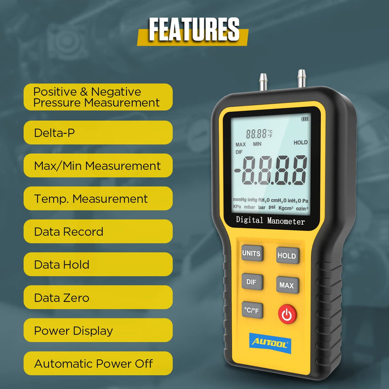 [Australia - AusPower] - Digital Manometer,Handheld HVAC Manometer,Dual-Port Manometer Gas Pressure Tester 