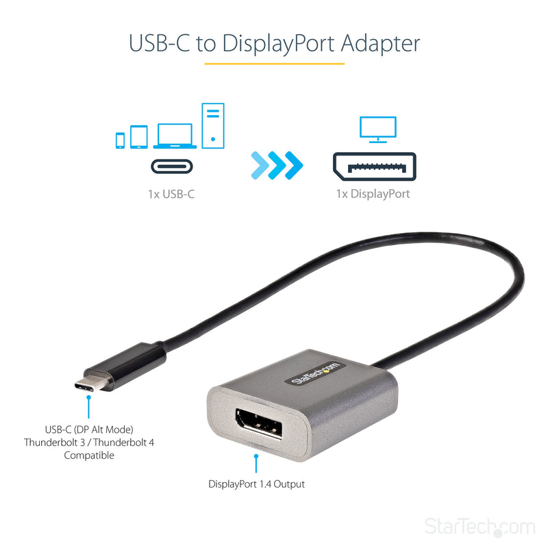 [Australia - AusPower] - StarTech.com USB C to DisplayPort Adapter, 8K/4K 60Hz USB-C to DisplayPort 1.4 Dongle, USB Type-C to DP Monitor Video Converter, Works w/TB3 - 12" Attached Cable, Upgraded Version of CDP2DP (CDP2DPEC) Silver 8K 60Hz DP 1.4 HBR3 