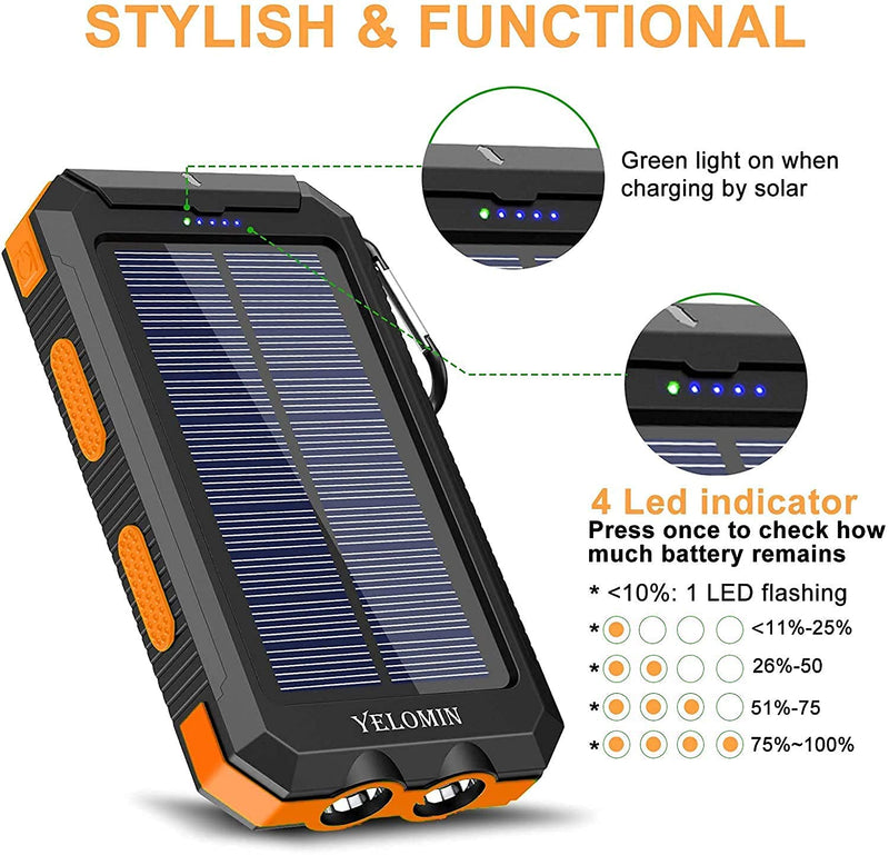 [Australia - AusPower] - Solar Charger, YELOMIN 20000mAh Portable Waterproof Solar Power Bank for Cellphones, Outdoor External Backup Battery Pack Dual USB 5V Outputs/LED Flashlights Compatible Tablets and Electronic Devices Orange 