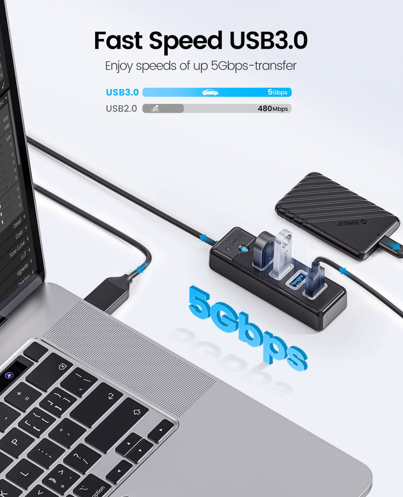 [Australia - AusPower] - 4-Port USB 3.0 Hub ORICO Ultra-Slim Data USB Splitter with 1.65ft Extended Cable, for Laptop, PC, MacBook, Mac Pro, Mac Mini, iMac, XPS, Xbox, Flash Drive, Surface Pro and More USB Devices USB -50cm 
