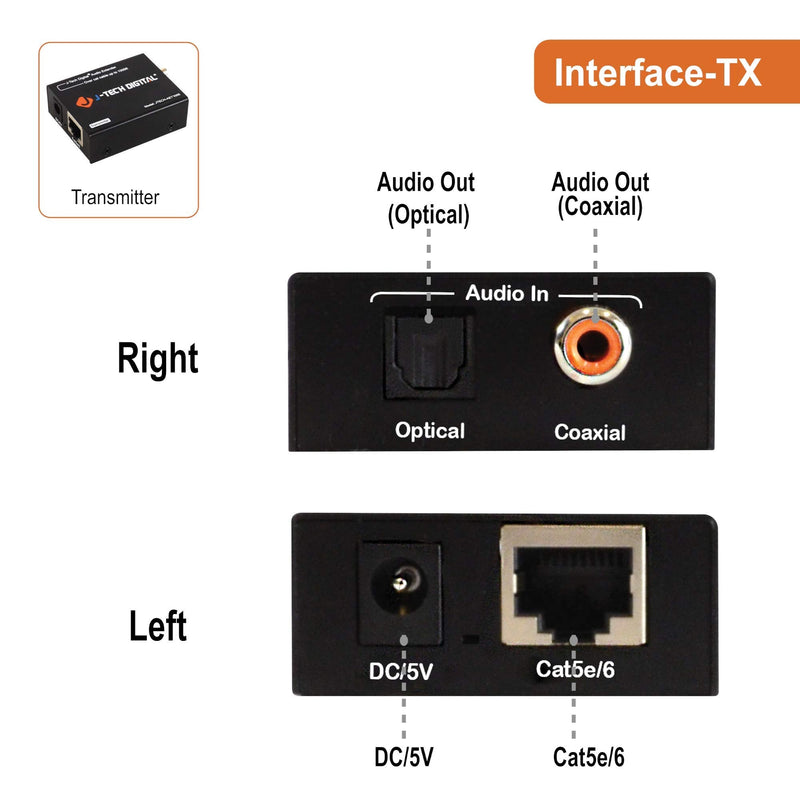 [Australia - AusPower] - Digital Audio Extender Converter for Optical/Coaxial Audio Over Single Cat5e/6 Cable (PoC) up to 990 (300m) for Dolby Digital, DTS 5.1, DTS-HD, PCM by J-Tech Digital [JTECH-AET1000] 990 FT 