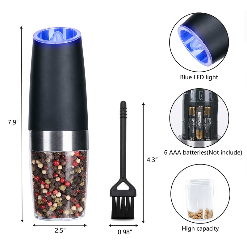 [Australia - AusPower] - Electric Salt and Pepper Grinder Set, Gravity Sensor, Automatic Pepper Mill, One Hand Operation, Battery-Operated with Adjustable Coarseness, Blue Led Light (Black 2 Pack) Black 2P 