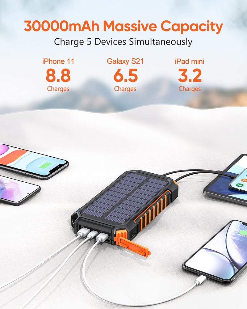 [Australia - AusPower] - Riapow Solar Charger 30000mAh High Capacity Solar Power Bank with Built-in USB C & USB Input Cables, Fast Charge Portable Phone Charger with 5 Outputs & 2 Inputs for iPhone Samsung Tablet Orange 