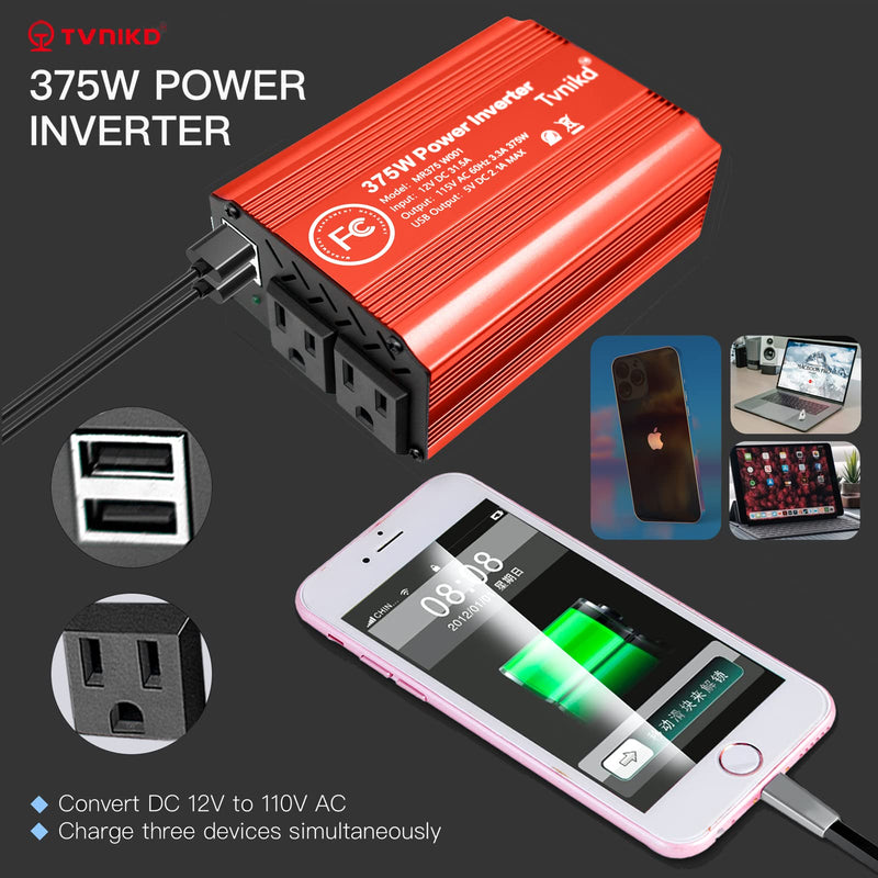 [Australia - AusPower] - TVNIKD car Power Inverter Rate 375 W / Peak 750 W 12 V to110 V DC to AC Power Converter with 2 AC & 2 USB Port… 375W Red 