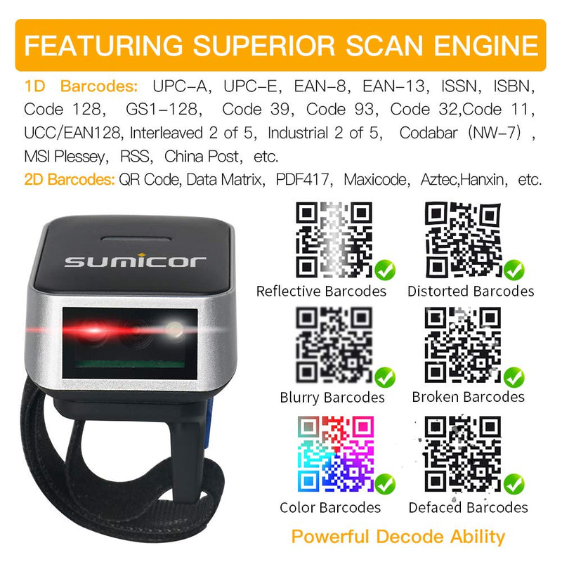 [Australia - AusPower] - Sumicor Barcode Scanner 2D Bluetooth Ring Finger Wireless Barcode Scanner,Portable Wearable Mini Bar Code Reader Work with Widows iOS Android Linux Mac OS 