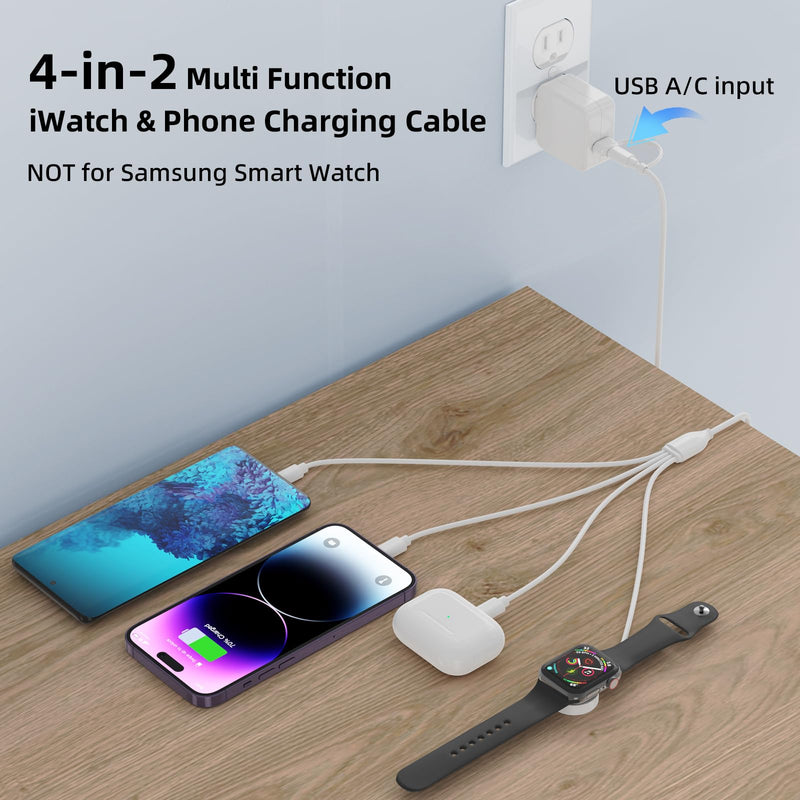 [Australia - AusPower] - Multi Charging Cable Replacement for Apple Watch iPhone Charger 4 in 2 Universal Travel Cord with Lighting USB C for iWatch Series SE/8/7/6/5/4/3/2/1 & iPhone/Airpods/Samsung S23 S22 S21-4FT 