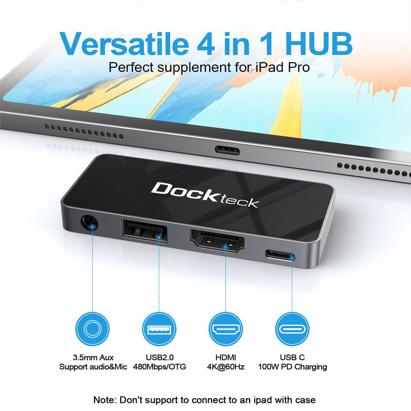 [Australia - AusPower] - USB C Hub Adapter for iPad Pro 2021 2020 2018 11 12.9 / iPad Air 4 10.9 iPad mini6 Dockteck 4 in 1 iPad Pro USB-C Hub with 100W Power Delivery, 4K@60Hz HDMI Port, USB 2.0 Port and 3.5mm Headphone Jack 