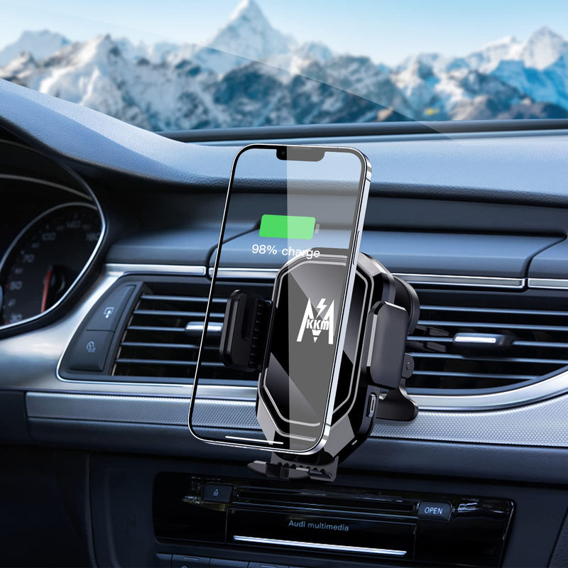 [Australia - AusPower] - KKM Car Phone Holder Wireless Charger, 15W Auto-Clamping Wireless Car Charger Mount, Air Vent Dashboard Compatible with iPhone 13/13 Pro/13 Pro Max/12/11 Pro Max/X/XS Max/8/S22/S21 Bright black 