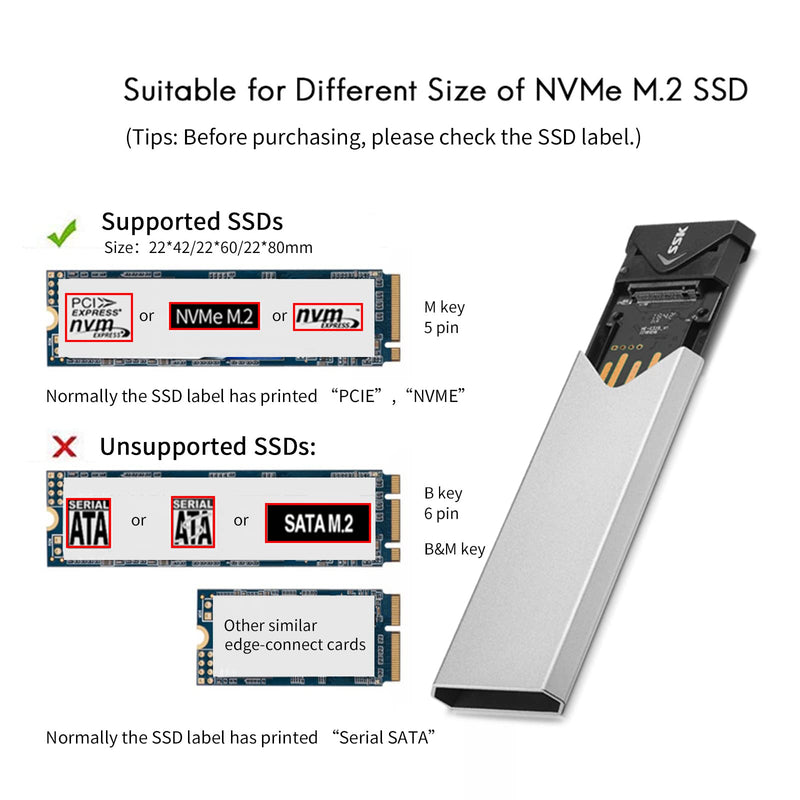 [Australia - AusPower] - SSK Aluminum M.2 NVME SSD Enclosure Adapter, USB 3.1/3.2 Gen 2 (10 Gbps) to NVME PCI-E M-Key Solid State Drive External Enclosure Support UASP Trim (Fits only NVMe PCIe 2242/2260/2280) 