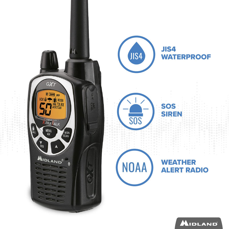 [Australia - AusPower] - Midland 50 Channel Waterproof GMRS Two-Way Radio - Long Range Walkie Talkie with 142 Privacy Codes, SOS Siren, and NOAA Weather Alerts and Weather Scan (Black/Silver, Single Pack) Single Pack - Black/Silver 