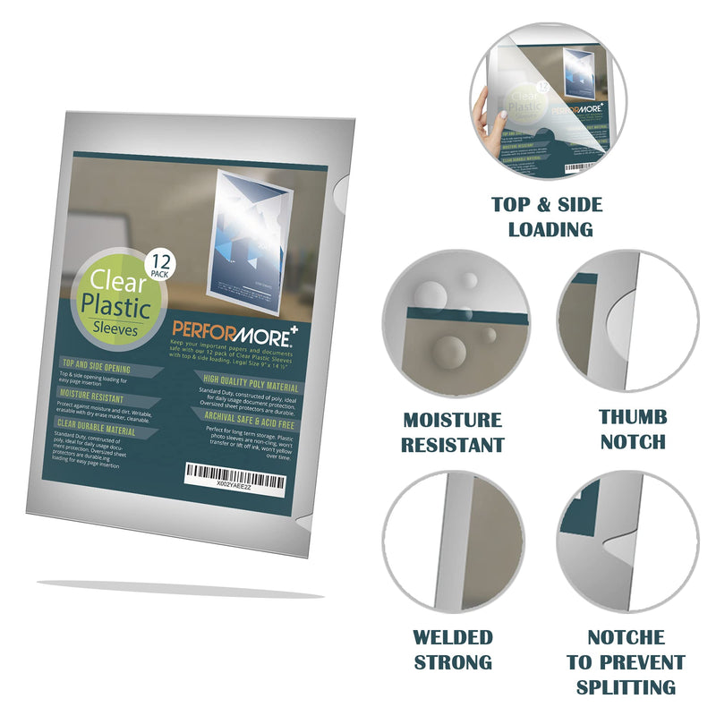 [Australia - AusPower] - 12 Pack of Clear Project Pocket Sleeves, 9" X 14.5" Legal Size Transparent Plastic Folder Protectors for Documents, Files and Papers 