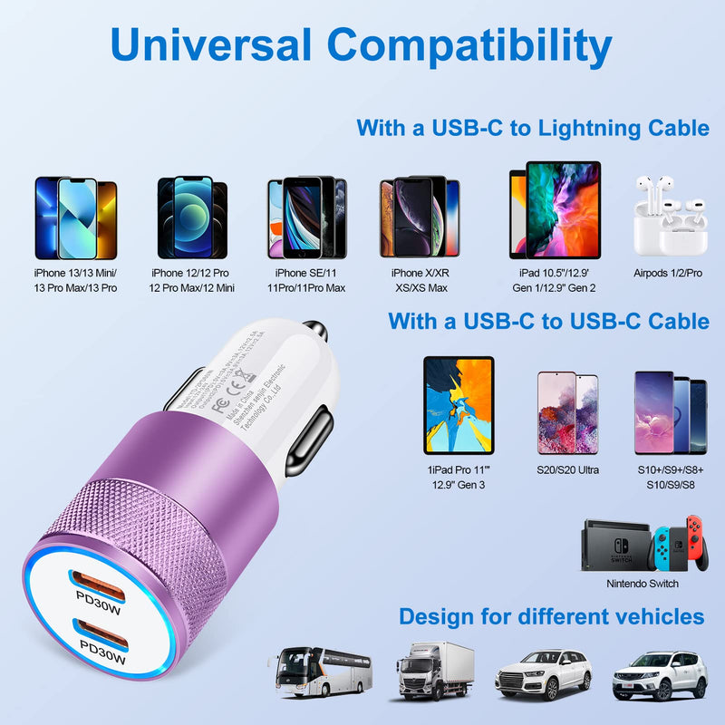 [Australia - AusPower] - 60W USB C Car Charger,2 Port Car Charger Adapter Power Delivery PD 3.0 USB Car Charger Fast Charging for iPhone 13/12/11 Pro/Max/XR/XS,iPad,Samsung Galaxy S22/S21/S20/S10,Google Pixel 6pro 6A 4A 3A XL EB 1-pack PD car charger purple 