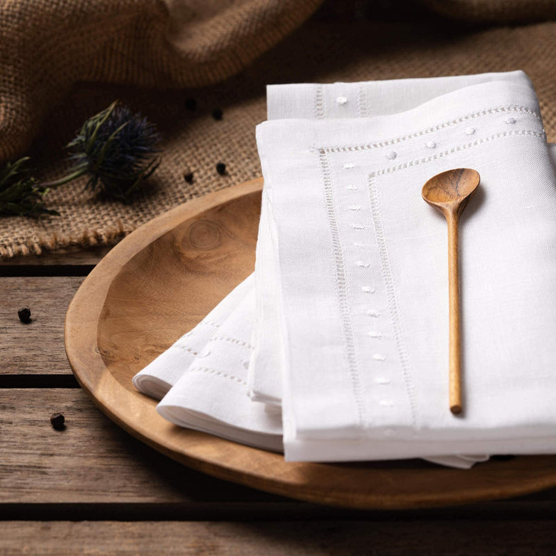 [Australia - AusPower] - O'lucio Home White Linen Napkins - 18 x 18 inch Hemstitched Dinner Napkins Embroidered Swiss Dot - Set of 4 Machine Washable Cloth Napkins, 100% French Flax Linen Natural Fabric 