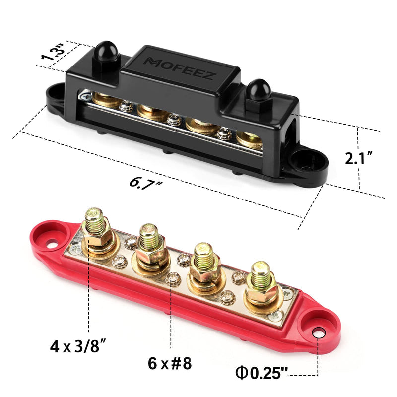 [Australia - AusPower] - Mofeez Power Distribution Block Bus Bar, 4 x 3/8" Posts, 6 x #8 Screws Terminals, Max 48V 250A (Pair, Red & Black) 