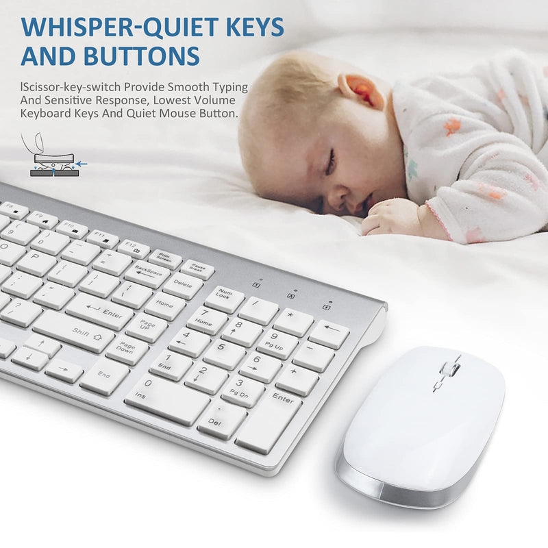 [Australia - AusPower] - Wireless Keyboard and Mouse - FENIFOX USB Slim 2.4G Wireless Keyboard Mouse Combo Full-Size Ergonomic Compact with Number Pad for Laptop PC Computer Windows mac- Silver White 