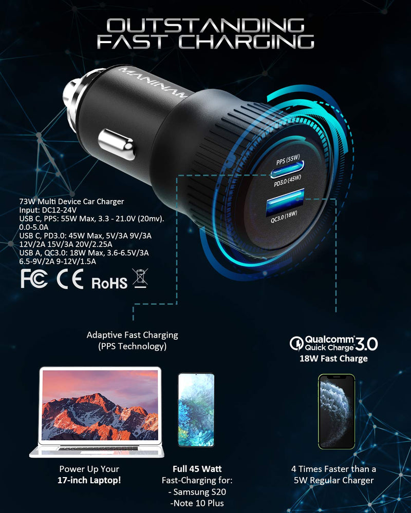 [Australia - AusPower] - MANINAM Super Fast USB C Car Charger for Samsung S21 S20 Ultra Note 20 10 Plus Super Fast Charging 2.0 [73W Turbotive] Pro 55W PPS Charger Adapter for iPhone 12 11 MacBook Laptops 