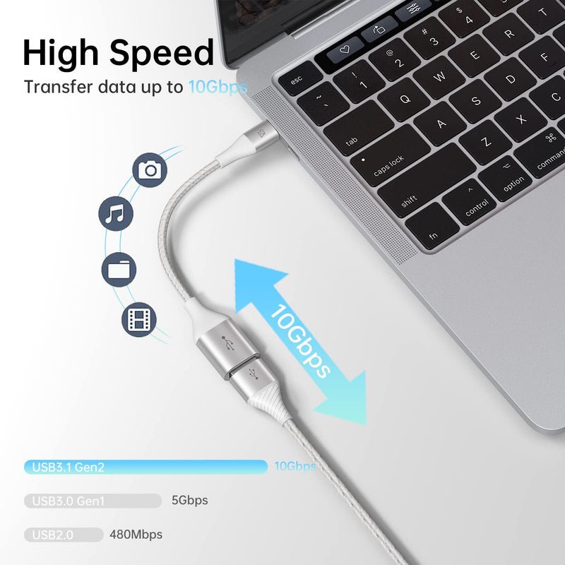 [Australia - AusPower] - Teleadapt Type C to USB Adapter, 10Gbps USB C to USB A Adapter for Galaxy S20/S10/S9, USB C to USB OTG Cable, USB C Male to USB 3.1 Female OTG Adapter Compatible for New MacBook Pro, iPad Air 2020 White Silver 