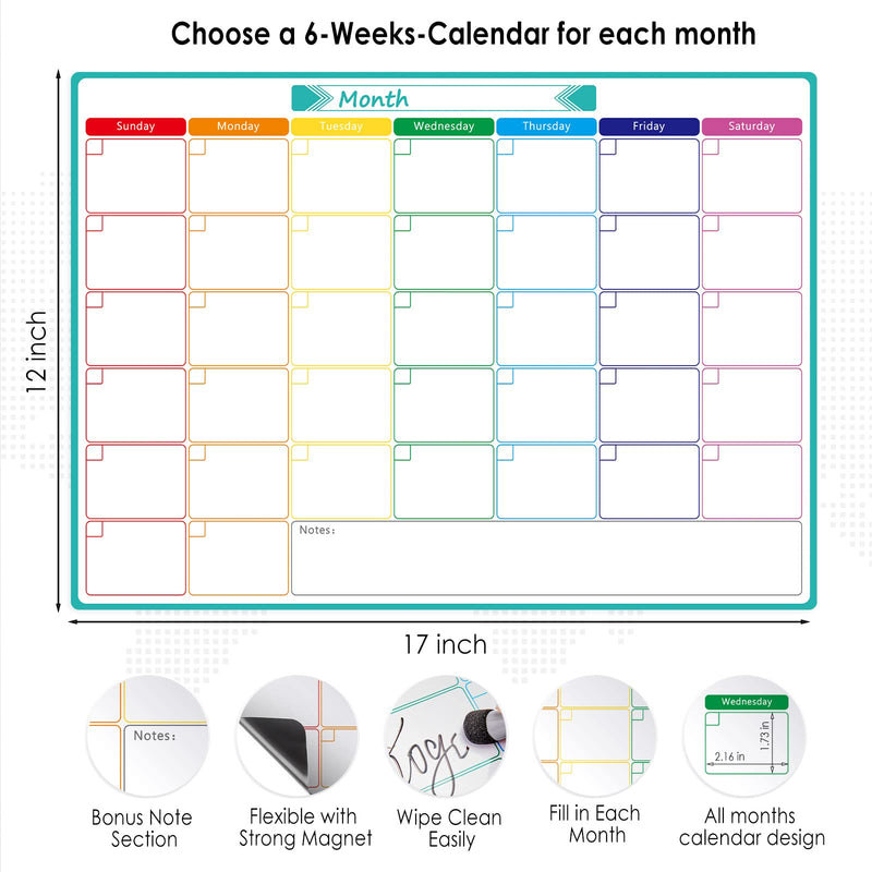 [Australia - AusPower] - MaxGear Magnetic Dry Erase Calendar for Fridge, Monthly Calendar WhiteBoard for Refrigerator with Stain Resistant Technology, 12" X 17" White Board Planner with 7 Fine Point Markers and 1 Eraser 