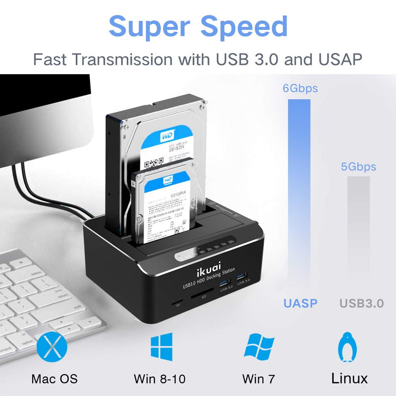[Australia - AusPower] - ikuai SATA to USB 3.0 Dual Bay Hard Drive Dock for 2.5" and 3.5" SATA HDD SSD with SD TF Card Reader 2 USB 3.0 Ports and Offline Clone Function External Hard Drive Docking Station (UASP Supported) 