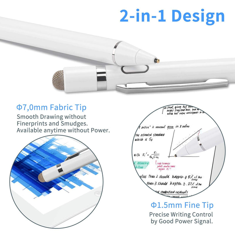 [Australia - AusPower] - 2-in-1 Active Stylus Digital Pen with 1.5mm Ultra Fine Tip for iPad iPhone Samsung Tablets, Work on Touchscreen Phones and Tablets,Good at Drawing and Writing, White 