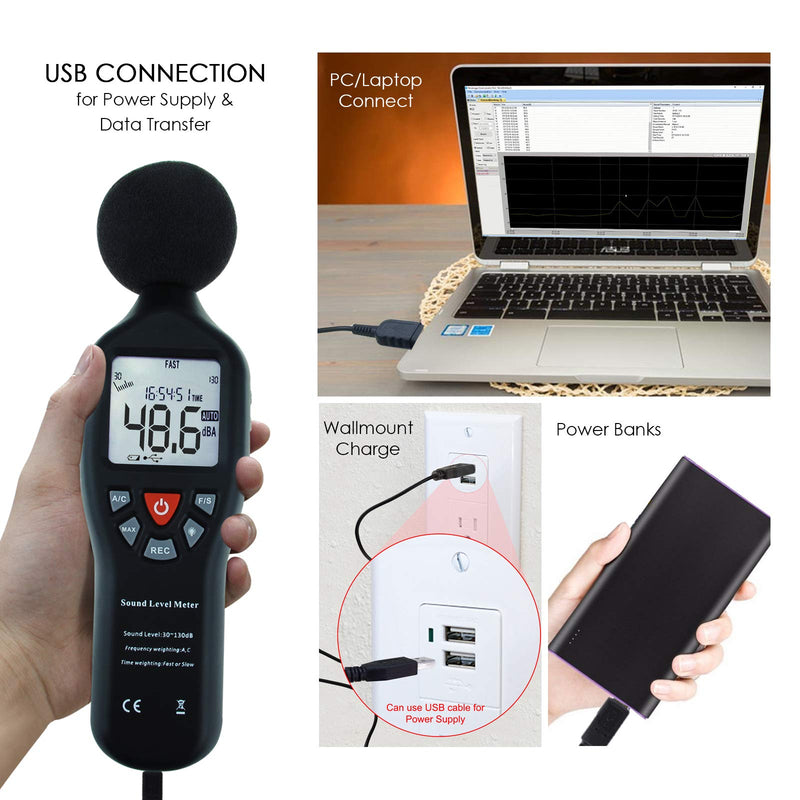 [Australia - AusPower] - Decibel Meter Digital Sound Level Meter with Data Record Function 30-130dB Range High Accuracy db Meter with LCD Backlight Time Display 