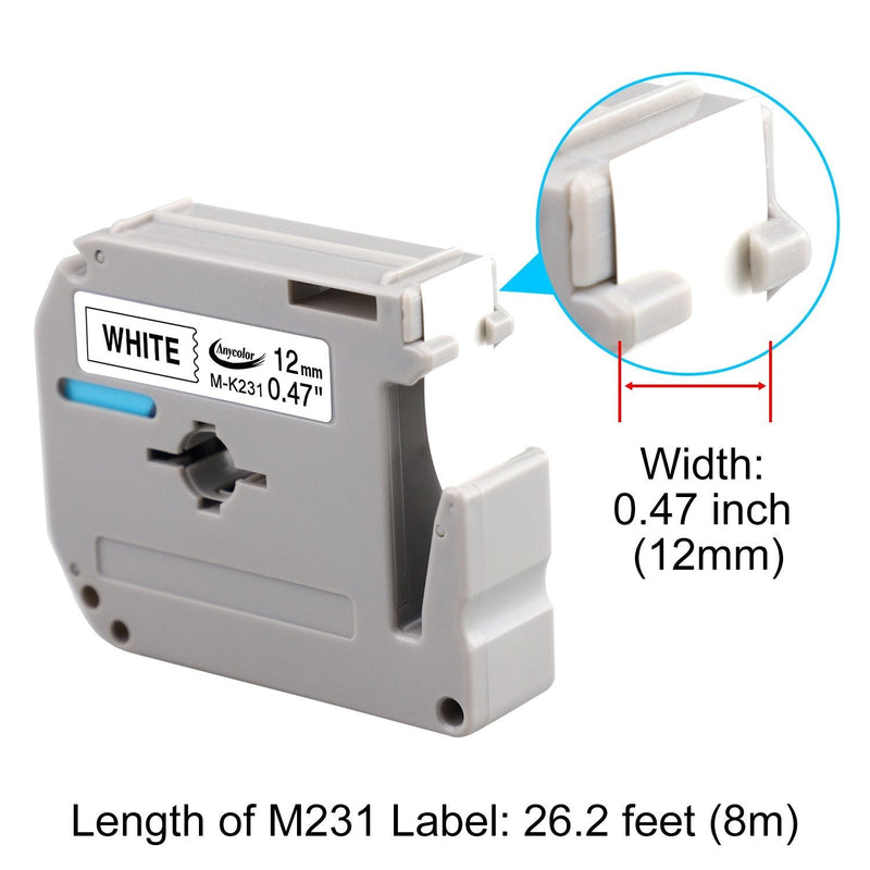 [Australia - AusPower] - Anycolor Compatible Label Tape Replacement for Brother P Touch M Tape 12mm 0.47 Inch (White/Clear/Red/Yellow/Blue/Green) for P Touch PT-M95 PT-90 PT70 PT-65 PT85, 12mm x 8m (26.2 Ft), 6-Pack 