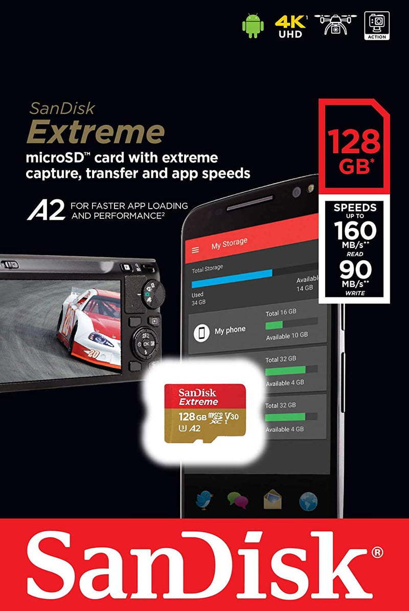 [Australia - AusPower] - SanDisk Extreme 128GB Micro SD Memory Card for GoPro Works with GoPro Hero 9 Black Camera UHS-1 U3 / V30 A2 4K Class 10 (SDSQXA1-128G-GN6MN) Bundle with 1 Everything But Stromboli MicroSD Card Reader 