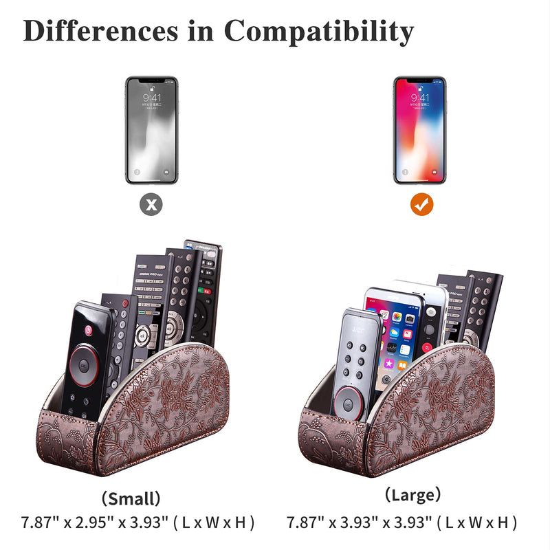 [Australia - AusPower] - All-in-One Leather Brown TV Remote Holder for Remote Conrtols with 5 Compartments Nightstand Desktop Media Player Remote Caddy Storage Box Organizer Tray for Mobile Office Stationery Phone Controller Antique Flower Small 