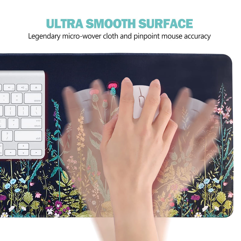 [Australia - AusPower] - AIMSA Extended Gaming Mouse Pad, XL Large Keyboard Mouse Mat Desk Pad with Stitched Edges, Durable Non-Slip Base Mousepad for Home Office Work, 35x15.7inch ,Flowers Plants Flowers Plants 