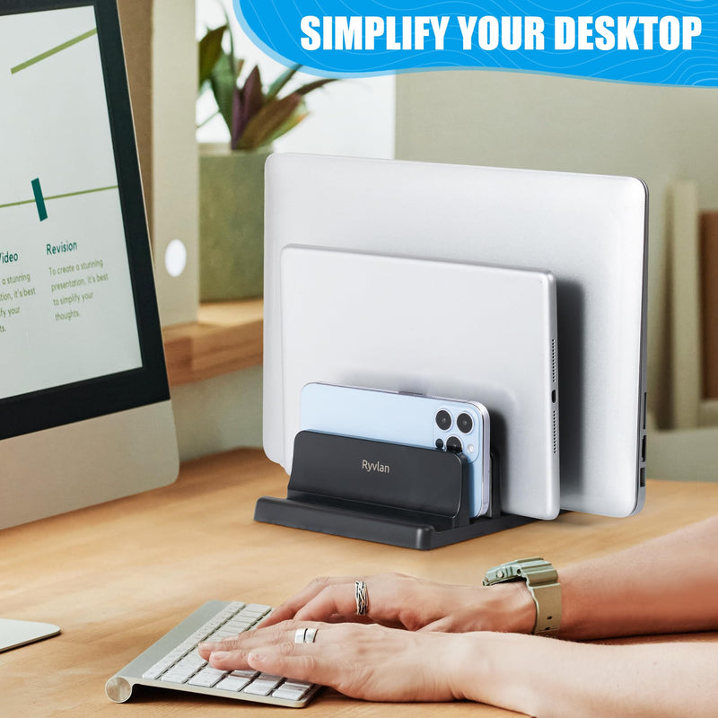 [Australia - AusPower] - Ryvlan Vertical Laptop Stand, Adjustable 3 Slot Laptop Storage with Rubber Padding, Multiple Laptop Holder for Desk, Premium Plastic Holder Compatible with MacBook - (Pre-Assembled) 3 Slots Assembled 