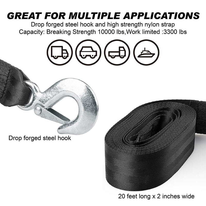 [Australia - AusPower] - 2 Inch by 20 Feet Trailer Winch Strap with Hook Heavy Duty Strap Replacement 10000 lbs Breaking Strength 3300 lbs Load Capacity for Boat,Jet Ski, Black(1 Pack) 