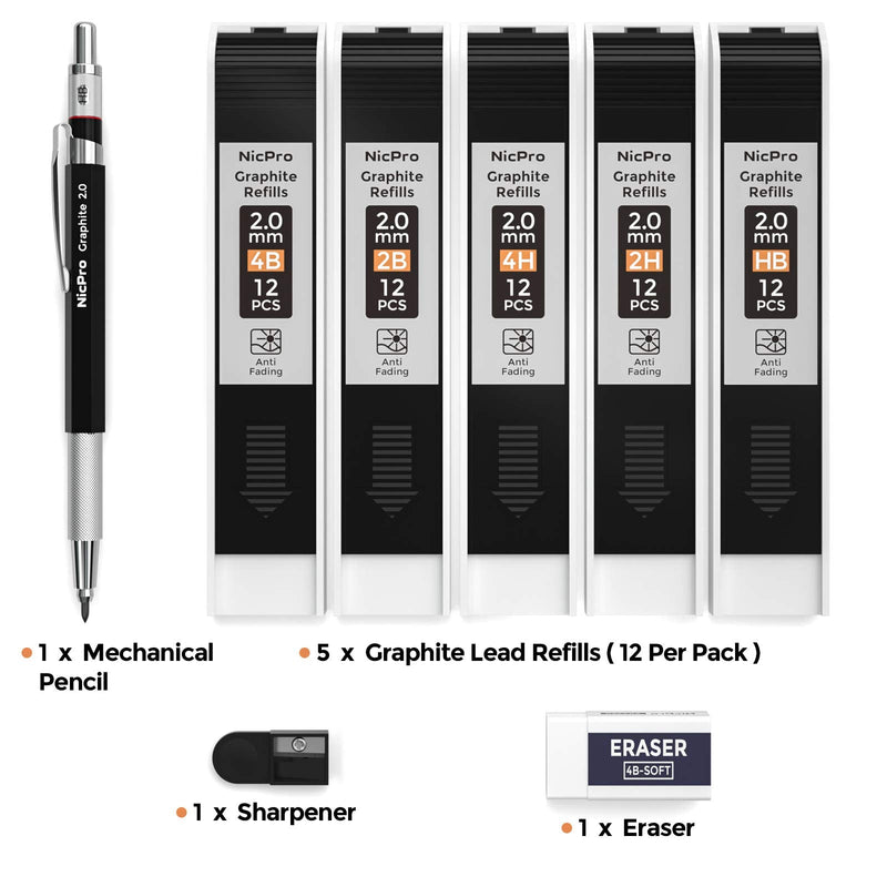 [Australia - AusPower] - Nicpro 2.0 mm Mechanical Pencil Set, Artist Metal Lead Holder Carpenter pencils with Graphite Lead Refill HB, 2H, 4H, 2B, 4B, Eraser, Sharpener for Draft Drawing, Writing, Shading, Art Sketching 1 