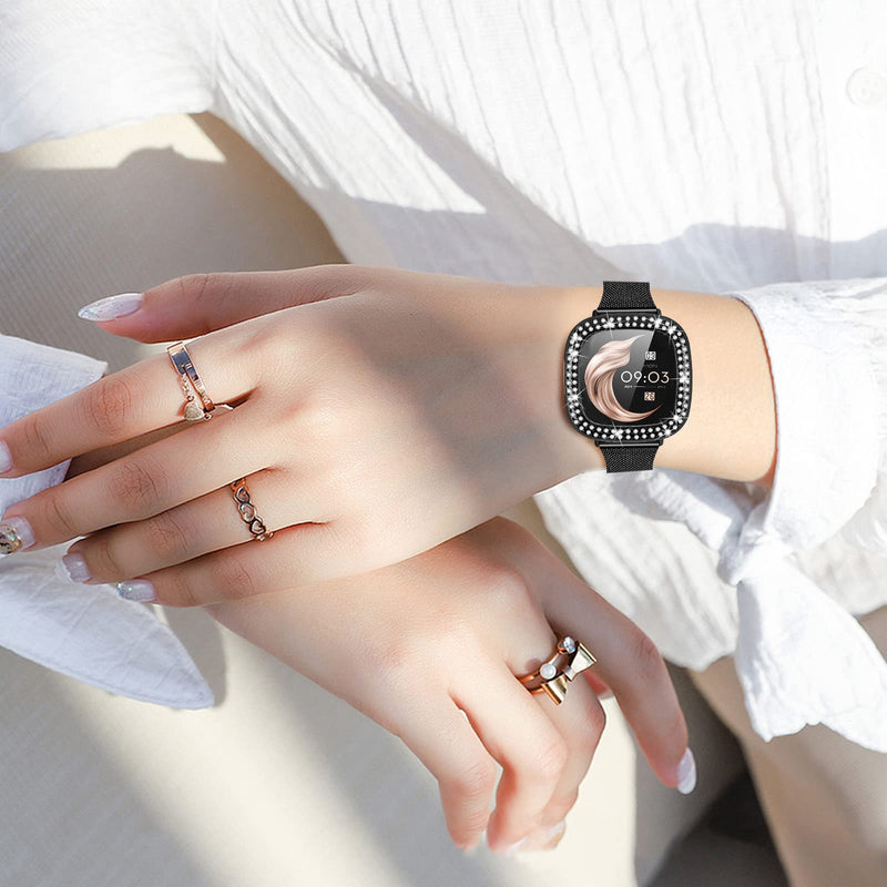 [Australia - AusPower] - Joyozy Slim Metal Bands Compatible with Fitbit Versa 3&Sense Smartwatch,Stainless Steel Sense Thin Wristbands Bracelet with Bling Protective Case for Women Girls Black 