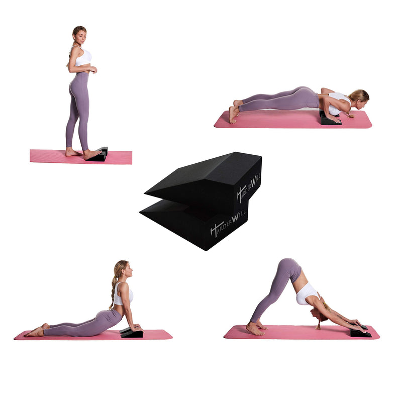 [Australia - AusPower] - HarderWill 3 in 1 Yoga Foam Wedge Blocks (Pair), Calf Raise Block, Yoga Strap Set, Calf Stretcher, Yoga Wrist Support, Balance, Pushup, Fitness, Pilates, Heel Stretcher, Squat Wedge with Gym Bag 