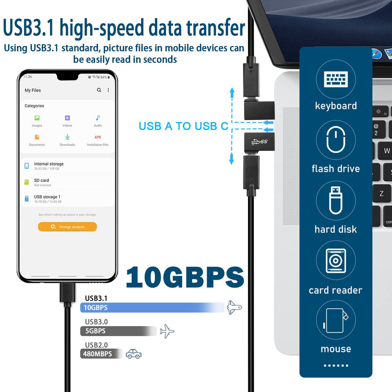 [Australia - AusPower] - QIANRENON 90° Angle USB3.1 Male to USB C Male Charging Adapter 10Gbps USB3.1 Plug to USB C Plug L Angle Data Connector QC60W/PD15W (only A to C), for Wall Charger PC Laptop,4Pcs (2 Left+2 Right) 2 Left+2 Right 