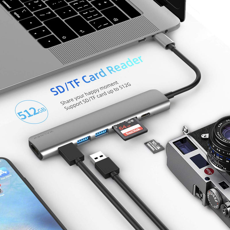 [Australia - AusPower] - WALNEW USB C Hub, MacBook Pro USB C Adapter, 7-in-1 Type C Hub with 4K USB-C to HDMI, 3 USB 3.0 Ports, SD/TF Card Reader, 100W PD Dock for MacBook Pro/Air(Thunderbolt 3)/ Type C Devices Gray 