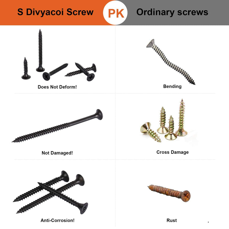 [Australia - AusPower] - 190PCS Premium Drywall Screws, Quality Black Steel #7 Sharp Point Self Tapping Screws with Phillips Drive, 8 Different Sizes Screws Assortment Set, Ideal Screw for Drywall Sheetrock, Wood and More 