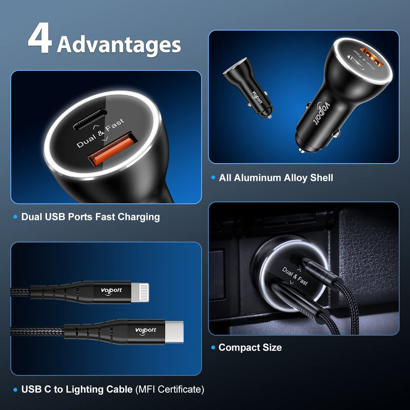 [Australia - AusPower] - PD Fast Charging Car Charger with MFi Certified USB C Lightning Cable Carplay Cord 3.3ft, VOLPORT Auto Quick Adapter 18W Car Charger Power Delivery for iPhone 13/12/11 Pro Max Xs Max XR X 8 Plus iPad Black 