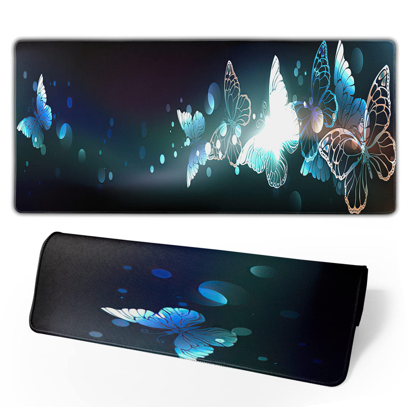 [Australia - AusPower] - Turquiose Butterfly Mouse Pad with Stitched Edge Glowing Night Large Desk Pad XXL Mouse Pad Office Desk Mat Non-Slip Waterproof Rubber Base Extended Mouse Mat Keyboard Pad 31.5x11.8 Inches 