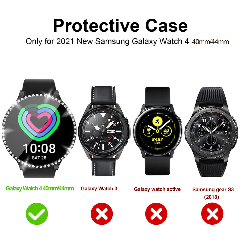 [Australia - AusPower] - Haojavo 2 Pack Case for Galaxy Watch 4 44mm with Tempered Glass Screen Protector,Bling Crystal Diamond Rhinestone Ultra-Thin Bumper Full Cover Protective Case for Women Girls black diamond+silver diamond 