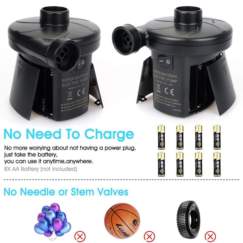 [Australia - AusPower] - sanipoe Battery Powered Air Mattress Pump, Electric Quick-Fill Blower Portable Inflator Deflator for Inflatables Raft Bed Boat Pool Toy, Black 