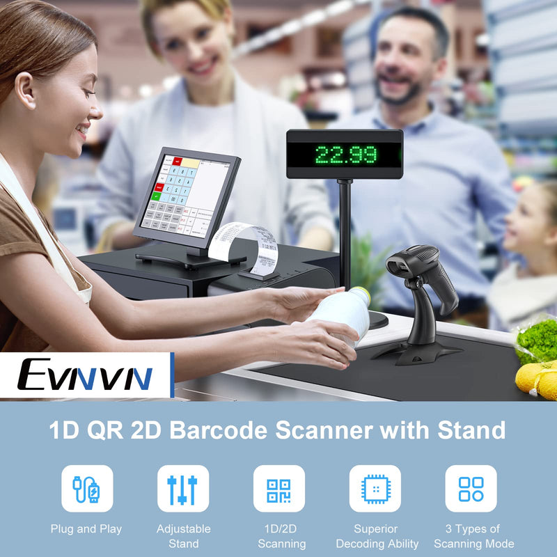 [Australia - AusPower] - Evnvn 2D Barcode Scanner with Stand, QR Handheld Wired USB 1D Bar Code Reader with Adjustable Cradle Automatic Scanning for Inventory Management, Supermarket, Warehouse, Supports Windows, Linux, Mac Barcode Scanner Grey 